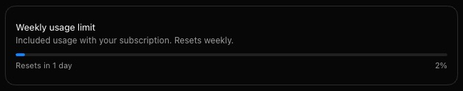 The Weekly usage limit card in Settings, Usage and Billing. Under the title it reads Included usage with your subscription. Resets weekly. A bar is barely filled, with Resets in 1 day at its left end and 2 percent at its right