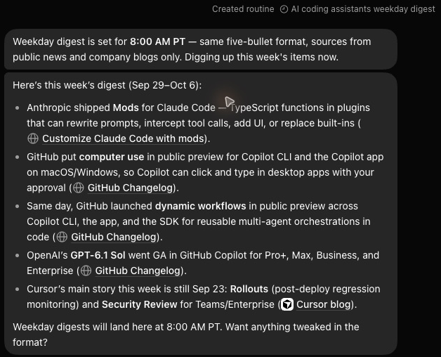 A Bot's chat. A grey line reads Created routine, then the routine's name. The Bot says the weekday digest is set for 8:00 AM, then posts this week's digest: five bullets about AI coding tools, each ending in a link to its source. A last line says weekday digests will land here at 8:00 AM
