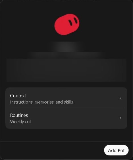 A dialog in the Grok Bot app for a shared Bot. Under the Bot's picture, its name, its author and its description are blurred. Then two rows that open: Context, with Instructions, memories, and skills under it, and Routines, with one routine named under it. At the bottom right, an Add Bot button