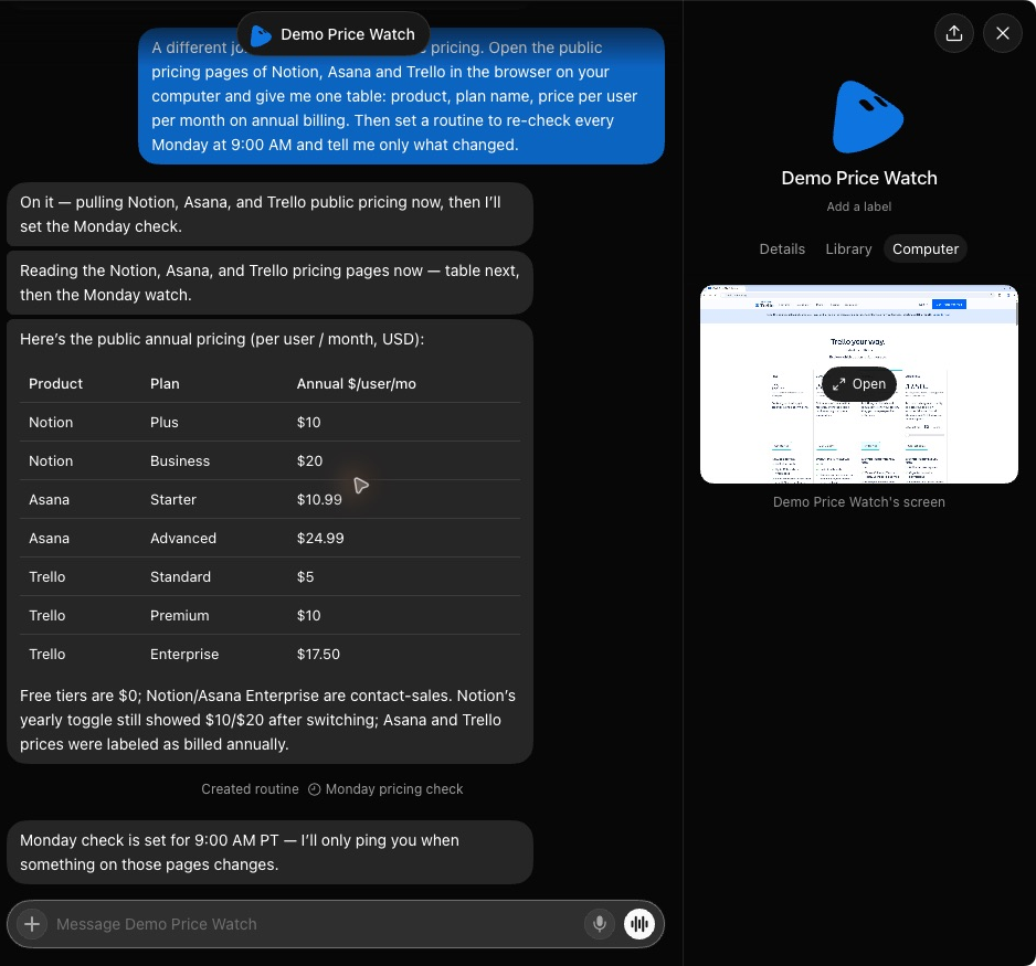 The Grok Bot app, with a chat on the left and a details panel on the right. The chat holds a request to compare pricing pages, short replies from a Bot named Demo Price Watch, one of them a pricing table for Notion, Asana and Trello, and a grey line that reads Created routine, Monday pricing check. The panel shows the Bot's name, the tabs Details, Library and Computer, and a small picture of a web page captioned Demo Price Watch's screen